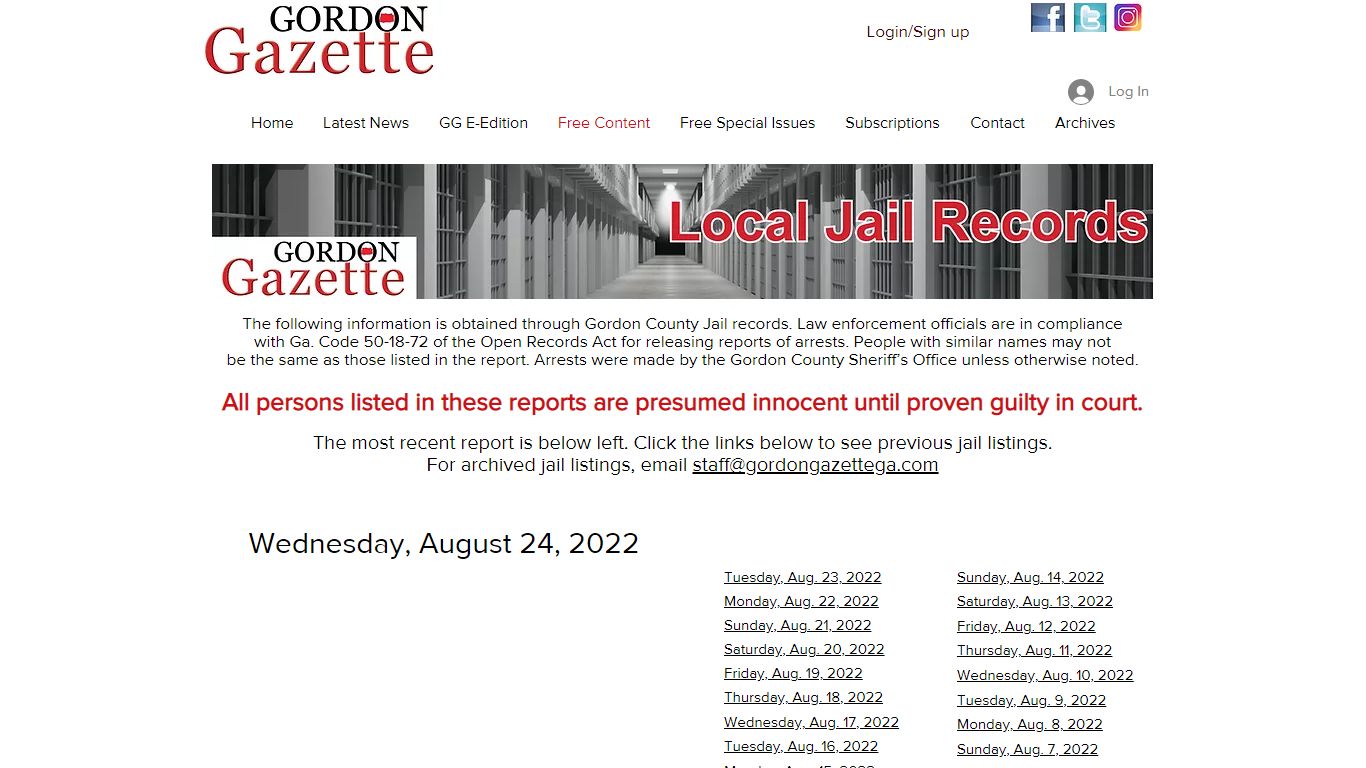 Jail Records | Gordon Gazette